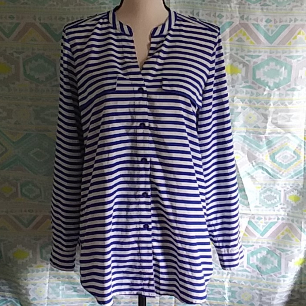 Calvin Klein Blue/White Striped Blouse Medium